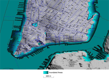 result in inundated areas (blue) in lower Manhattan 